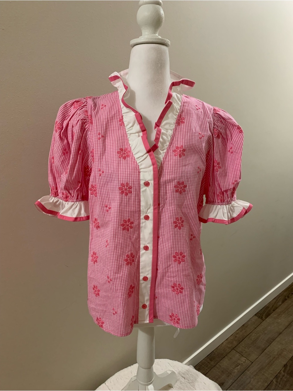 entro Pink Floral Gingham Ruffle Button-Front Blouse